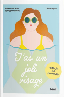 Couverture du livre T'as un joli visage : une femme grosse rousse en maillot de bain jaune sur fond bleu